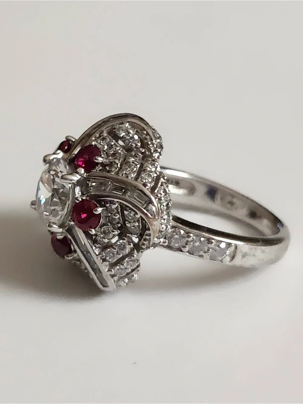Jean Dousset JD Ruby Colored CZ Cocktail Ring 925 Sterling Silver Size 6